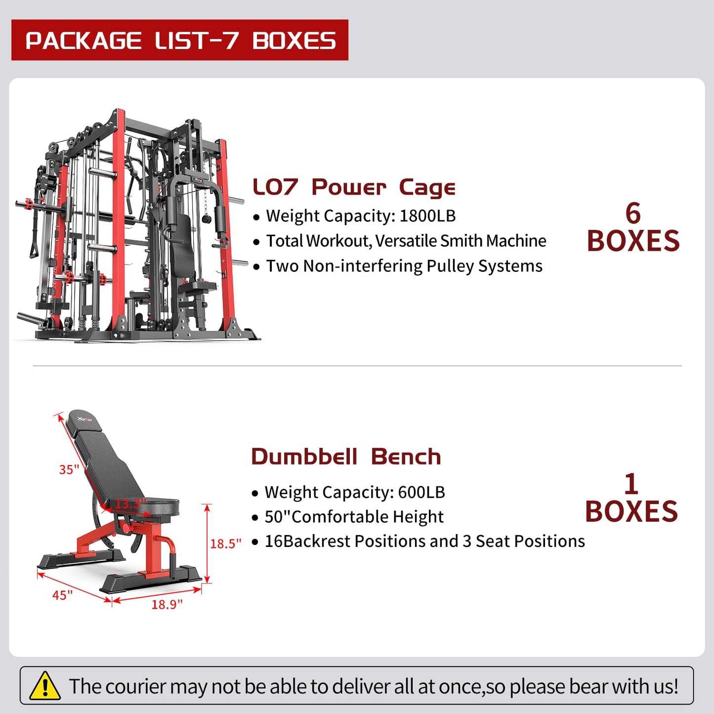 XGSW Smith Machine with Cable Crossover System, Multi-Function Squat Rack Power Cage for Home Gym, Power Rack and Packages Weight Sets (L07 Two Users, Power cage Red+Bench)