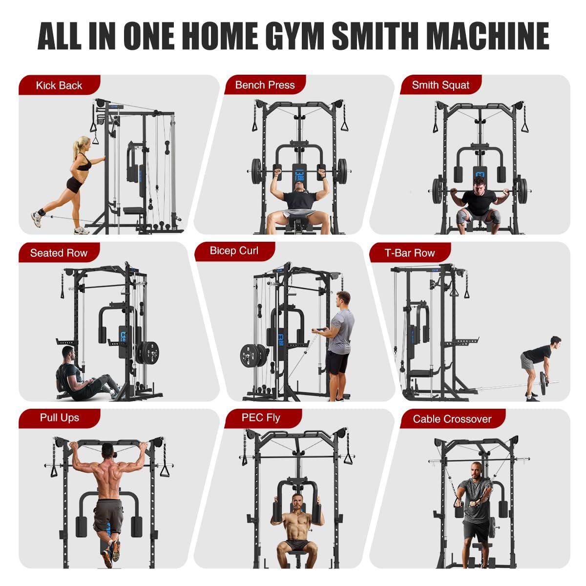 FAGUS Black Smith Machine Power Rack with Cable Crossover System & Chest Fly Station, 360° Landmine, T-Bar Row Handle, Tricep Rope, Ankle Strap, Safety Arms, Band Pegs and More Training Attachment