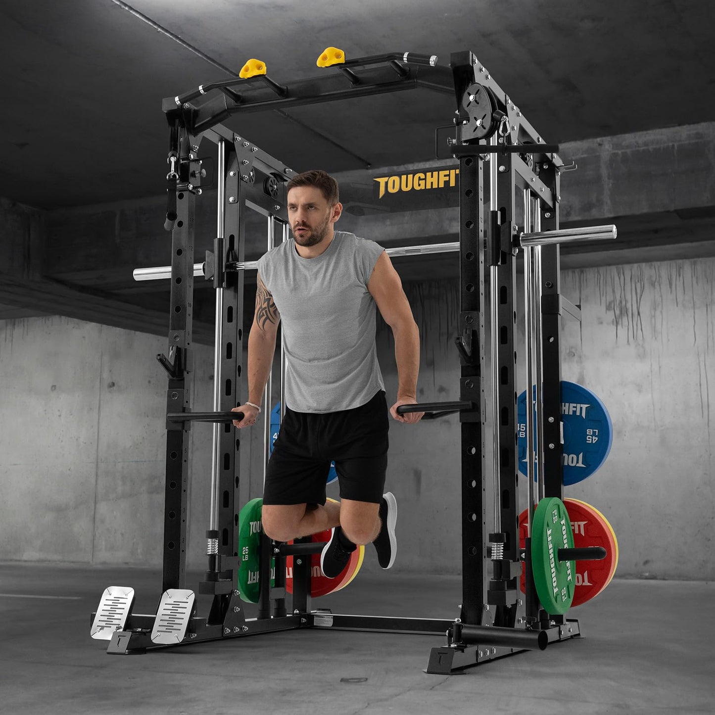 ToughFit F4 Smith Machine, Power cage with Adjustable Cable Crossover System, All-in-One Squat Rack Training Equipment for Home Gym