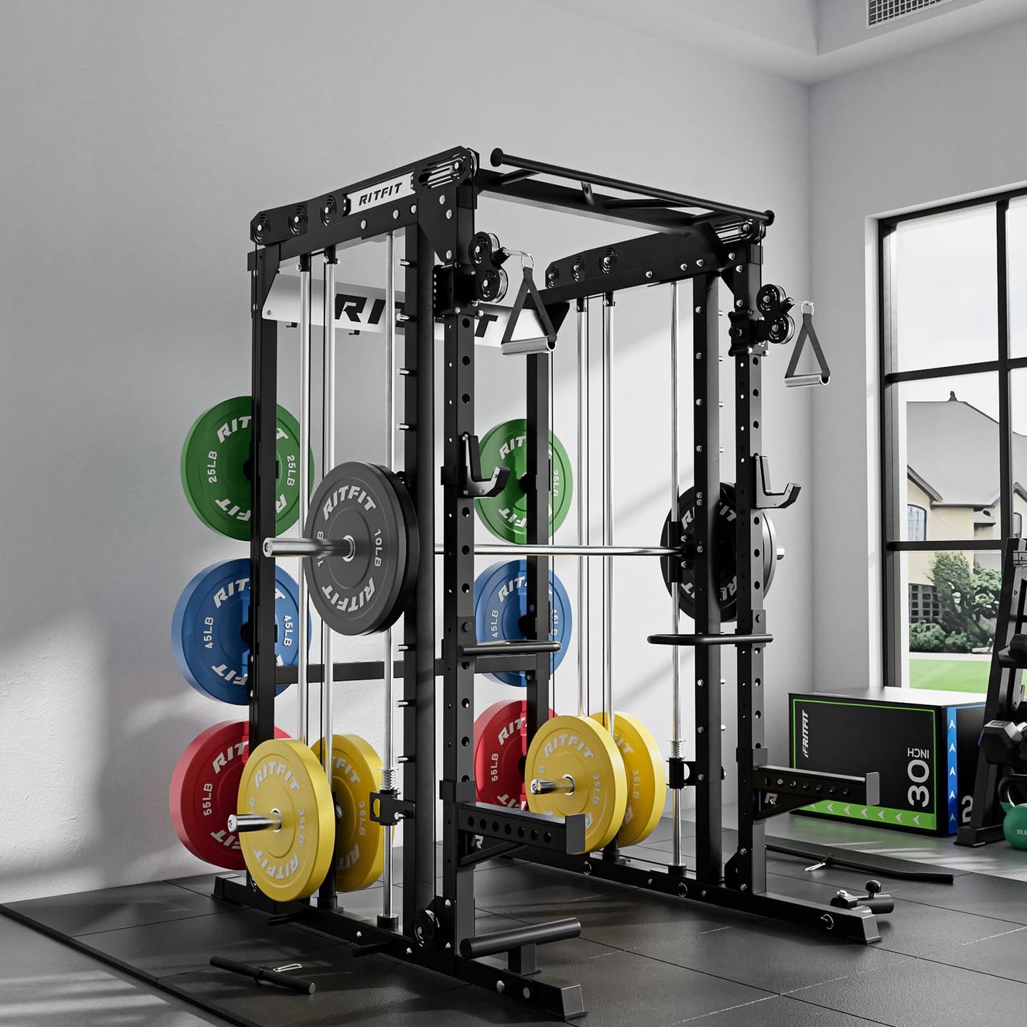RitFit M2 Smith Machine with with Cable Crossover System, 3D Functional Trainer & Power Cage, 16 Adjustment Holes, 6 Storage Pegs for Full-Body Home Gym(M2 Basic-Black)