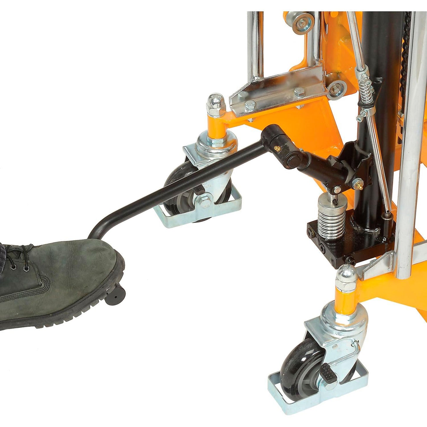 Global Industrial Manual Lift Stacker, 3-1/2" to 59" Lift, Adjustable 8-1/2" to 19-1/2"W Forks, 880 Lb. Capacity, Foot-Operated Hydraulic Pump, Yellow Powder Coat Steel Frame