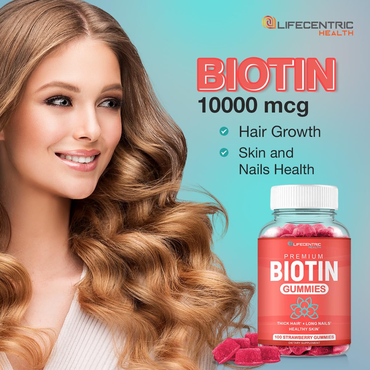 LifeCentric Health Biotin Gummies for Adults | Max Strength Biotin 10000mcg | Chewable Biotin Supplement for Women and Men | 100 Count Vegan Hair Gummies for Hair Skin and Nails