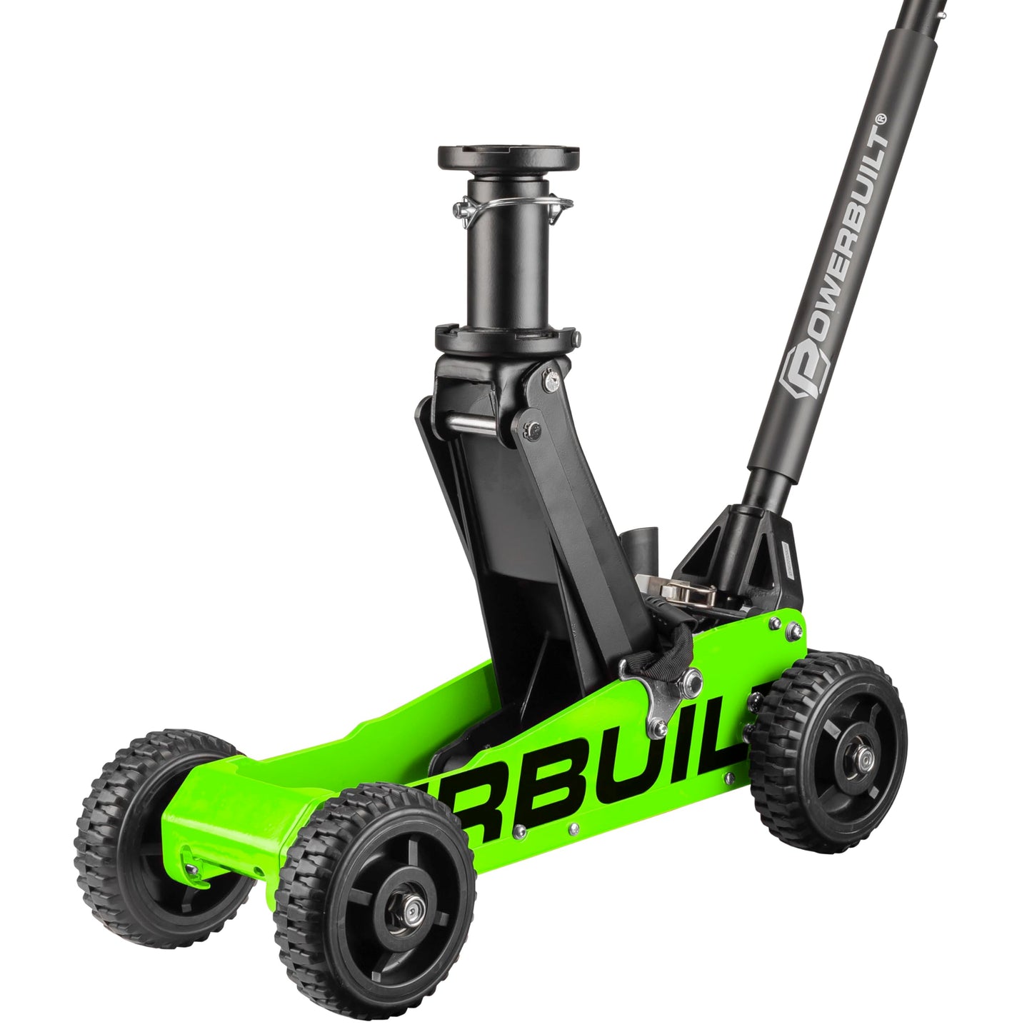 Powerbuilt 1.5 Ton Big Wheel Off Road Jack, Vehicle Lift for Trucks, SUVs, ATVs Offroad Vehicles, Oversized Wheels for Rugged Terrain, 3000 LB Capacity, Green 620628ECE