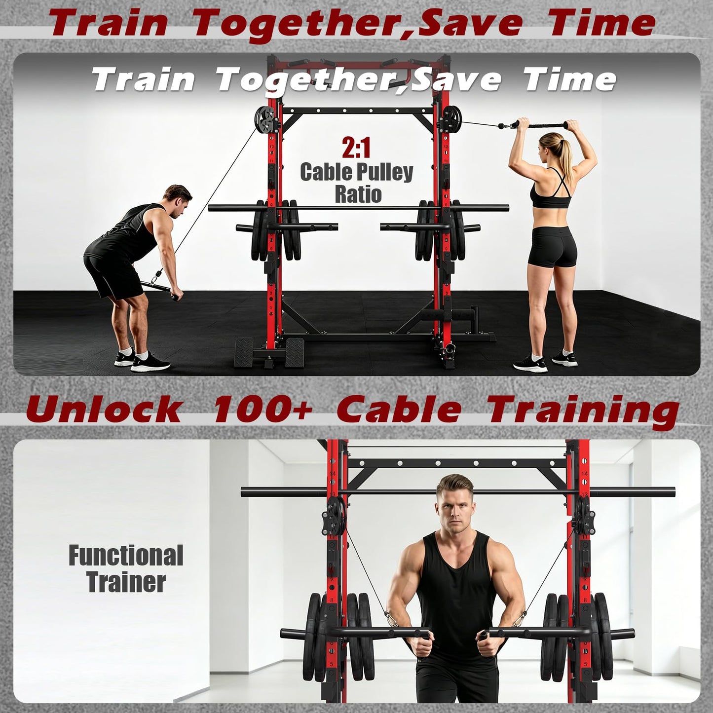 ONNO Smith Machine, 2200lbs Squat Rack with LAT-Pull Down & Cable Crossover System, Multi-Function Power Cage for Home Gym with Leg Hold-Down Attachment, Red