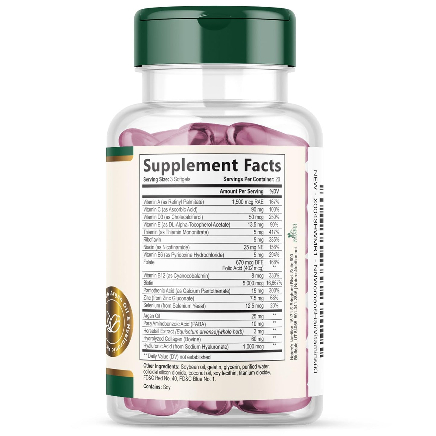 Hair, Skin & Nails Vitamins - Biotin 5000mcg Per Serving - Extra Strength Hair Growth Support For Women with Collagen, Argan Oil - Beautiful Skin, Hair & Nails Supplement - USA Bottled - 60 Softgels