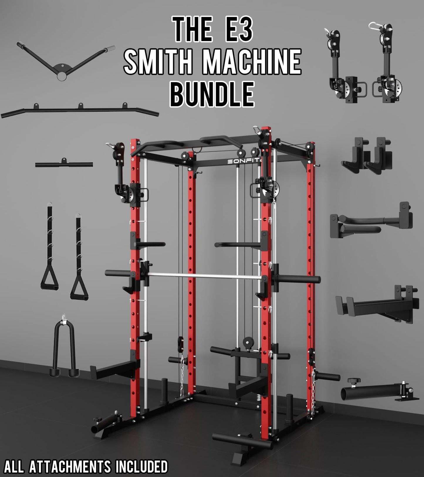 Eonfit E3 Smith Machine with 3D Rotating Arm for Home Gym Equipment, Multi-Function Power Cage Squat Rack with Cable Crossover LAT Pulldown Pulley System All in One (RED, PRO)