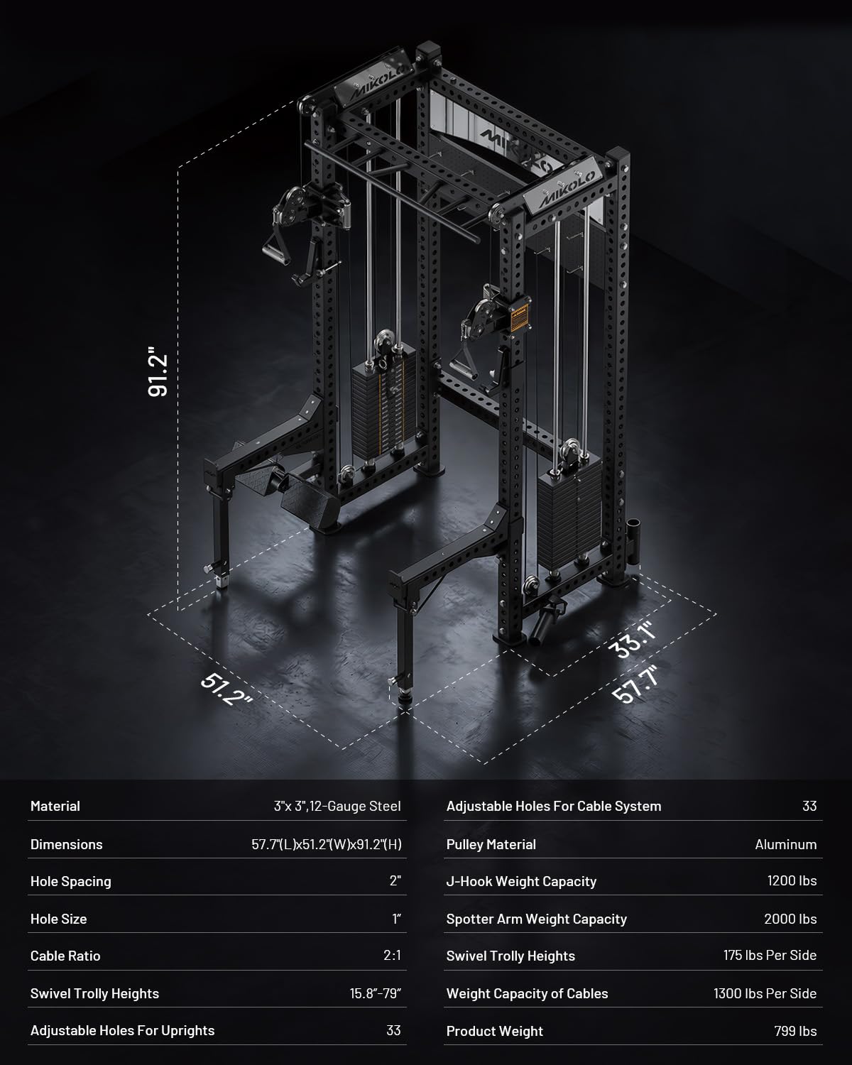 Mikolo Anubis-2.0 Smith Machine with Weight Stack, 3×3 All-in-One Power Cage with LAT Pulldown & Cable Crossover, 3200LBS Multi-Function Trainer with 175LBS Dual Pulley System for Fitness Home Gym
