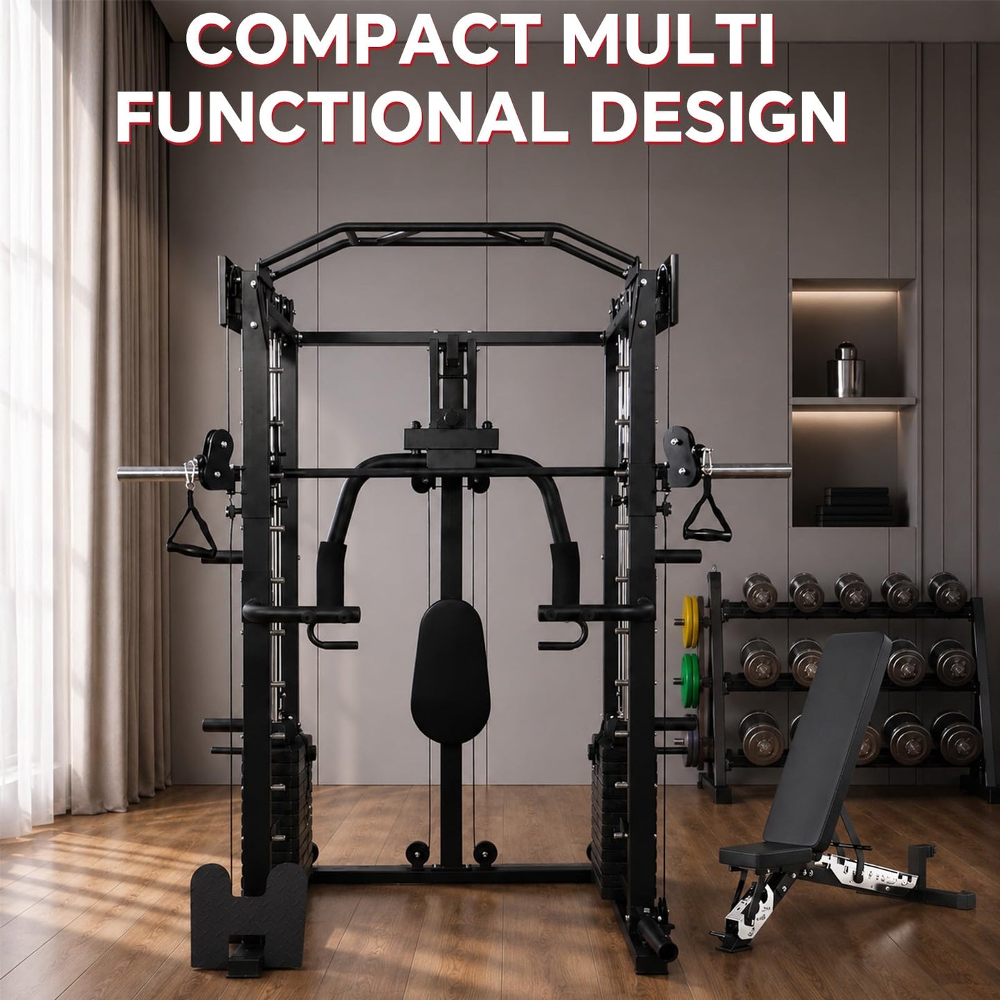 Smith Machine with Bench, Chest Fly and Leg Press, Dual 313 lb Weight Stacks, All in One Home Gym with Power Cage, Cable Pulley and LAT Pulldown for Full Body Strength Training