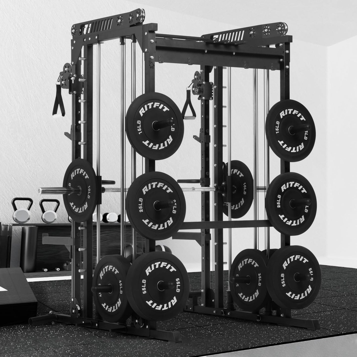 RitFit M1 Pro SmithMachine with Cable Crossover System, Multi-Function Squat Rack Power Cage for Home Gym, Power Rack and Packages Black(bp370 Package)