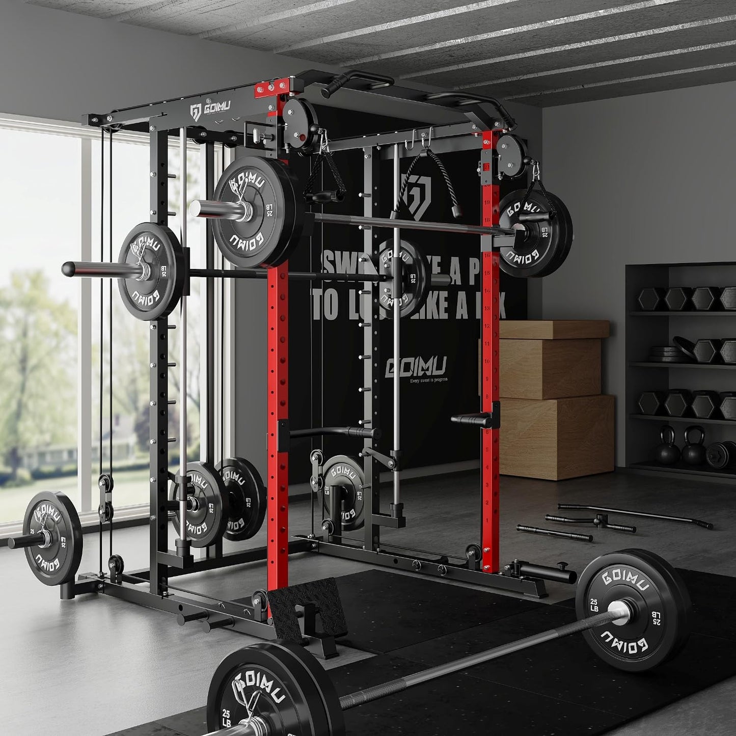 Goimu S1-V4 Smith Machine, 2000LBS Power Cage with Cable Crossover System, All-in-One Squat Rack with Smith Bar, Strength Training Equipment for Hone Gym (Red Smith Machine S1)