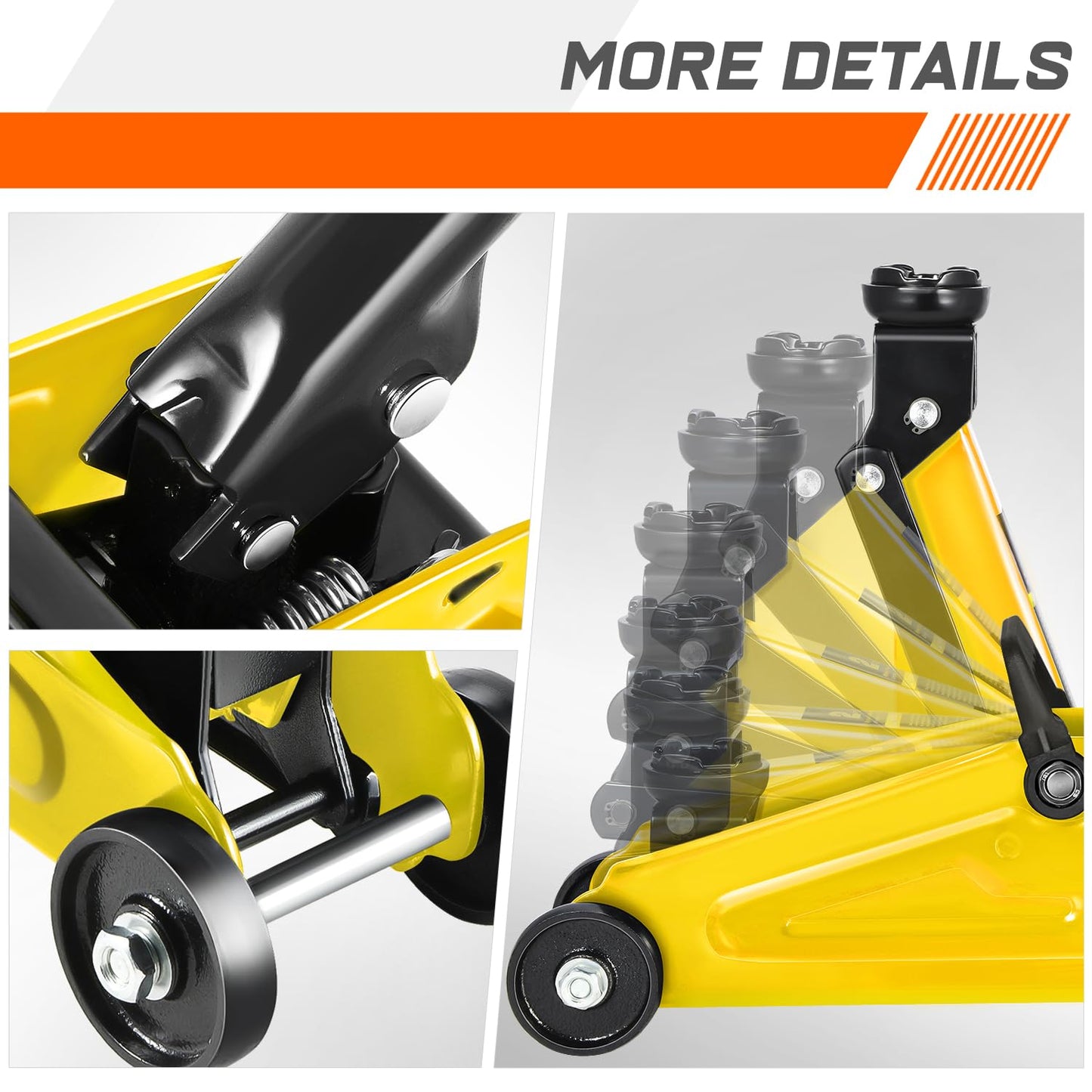PM PERFORMOTOR Low Profile Hydraulic Trolley Service/Floor Jack Combo with 2 Ratchet Jack Stands, 2 Ton (4000 lbs) Capacity, Yellow,PM-TOL-FJ3P-YL