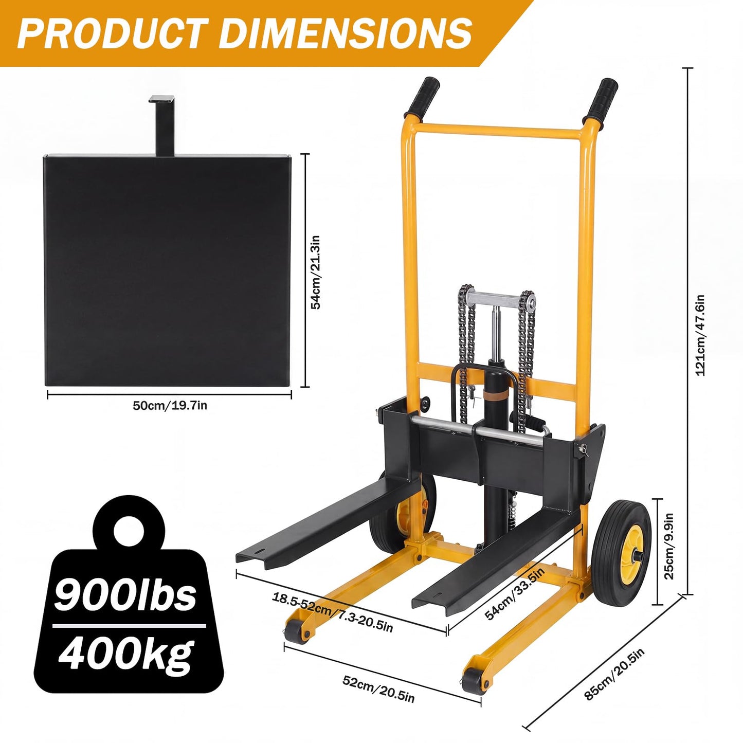900 Lbs Hydraulic Material Lift Stacker, Heavy Duty Manual Pallet Truck Dolly with Adjustable Forks, 40" Max Lift Height Portable Forklift Table Cart for Warehouse (Yellow)