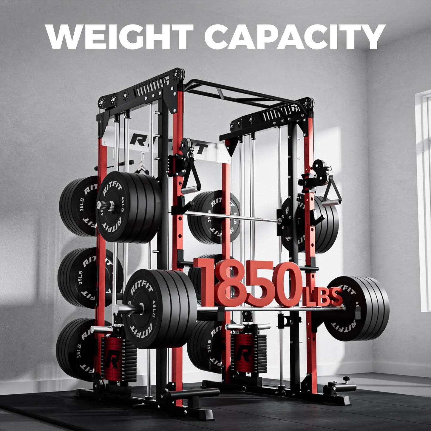 RitFit M1 Pro Smith Machine with LAM1 Adjustable Lever Arm Attachment, All-in-One Power Cage, Power Rack with LAT Pulldown & Cable Crossover System for Home Gym(Red with Weight Stack)