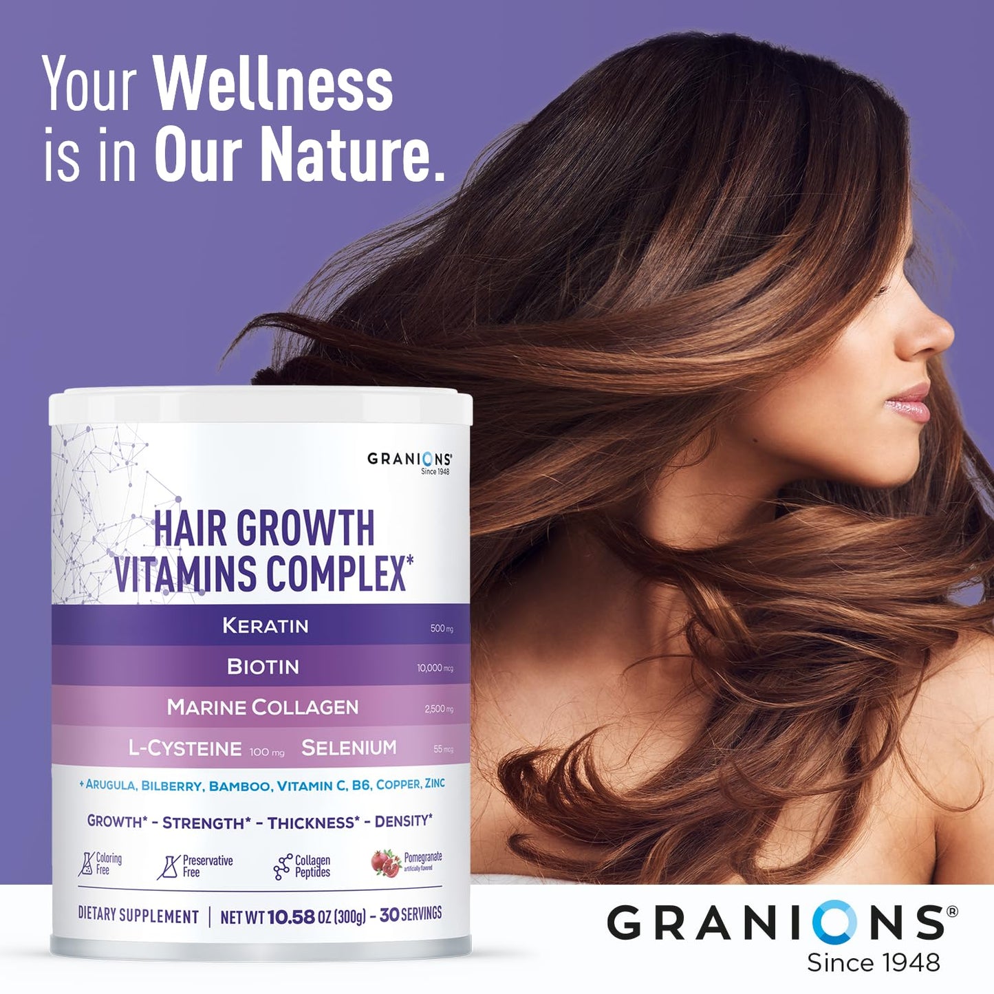 Granions Hair Supplements for Hair Growth Powder - 35,000 mcg biotin Collagen Keratin, Strength, Thickness, Loss Support for Women and Men - Collagen Peptides, Biotin 10,000, Keratin, Aminos - 10.5oz