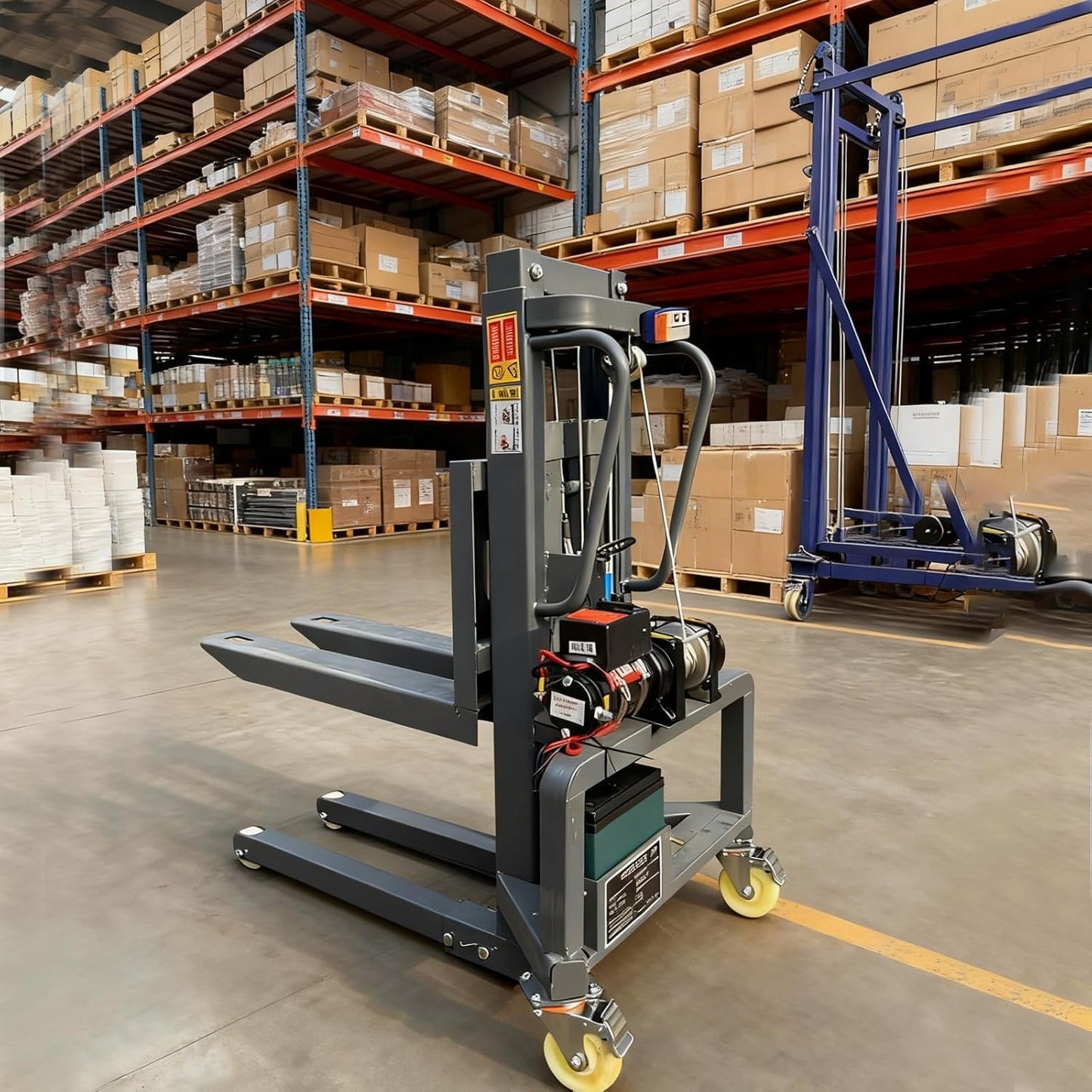 Electric Pallet Stacker Forklift, 661lbs Capacity, Adjustable Forks, 1.6m Lift Height, Manual Pallet Truck Dolly for Industrial Warehouse, Heavy-Duty Material Handling Gray 1.2m Lifting Height