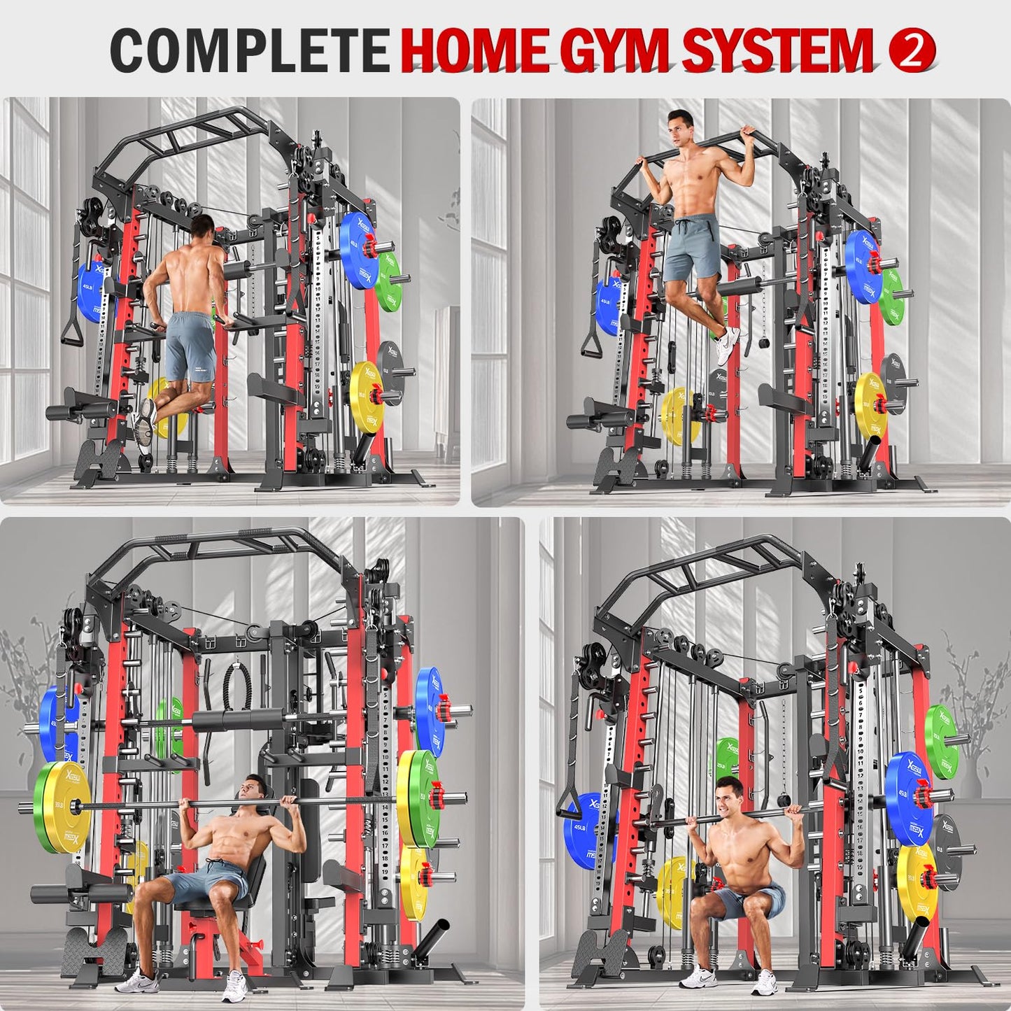 Smith Machine,Multi-Function Squat Rack Power Cage with Cable Crossover System,with Optional Weight Bench, Olympic Barbell Weight Set, for Home Gym (Black, L07-Power Cage + Weight Bench)
