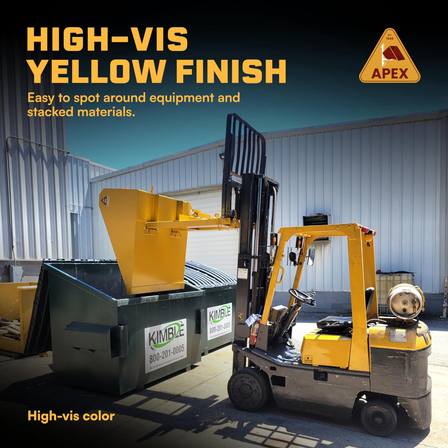 Apex 1/2 Cubic Yard Forklift Front Loading Self-Dump Bucket Attachment, 45 in Width, 4000 lb Max Capacity, 550 lb Weight, Yellow, Transport Snow Gravel, Sand, Brush