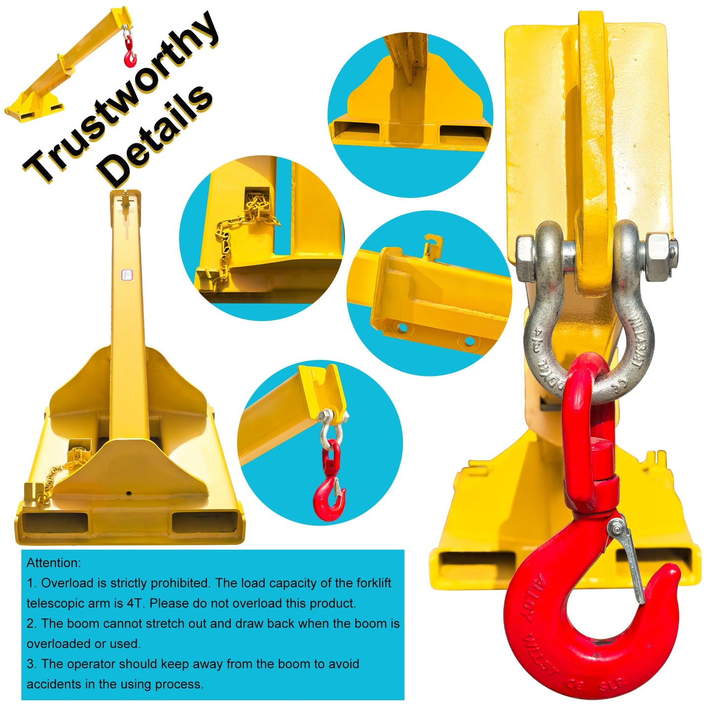 HayWHNKN Forklift Jib Boom Forklift Mobile Crane, 4T / 8800LB Telescopic Crane Attachment with Hook, Max Length 94.5'' Mobile Lifting Hoist Towing Handling for Warehouse & Construction Material