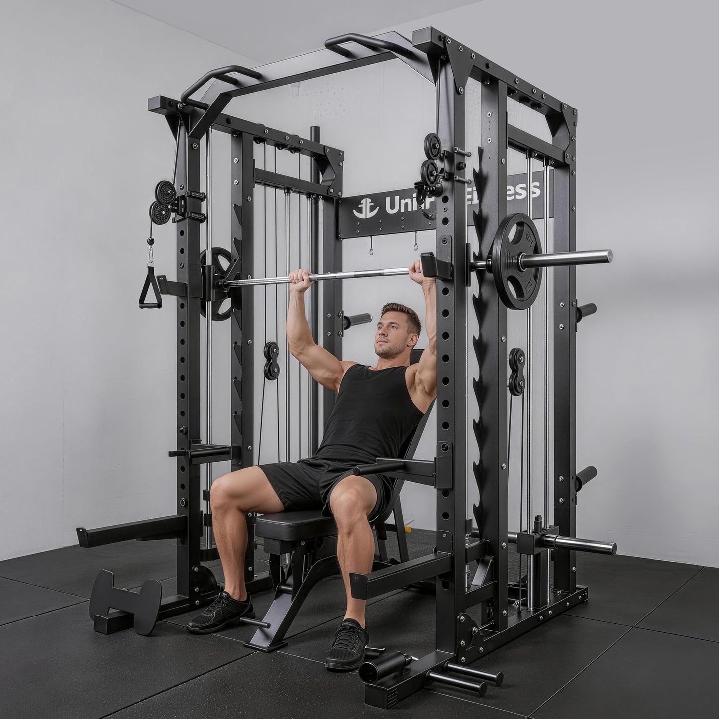 Unive Fitness F4 Smith Machine, All-in-One Squat Rack for Home Gym and Dual Cable Training System, Full-Body Workout Machine for Garage Gym or Bedroom (BK F4SM+RD WB+265lb WP)