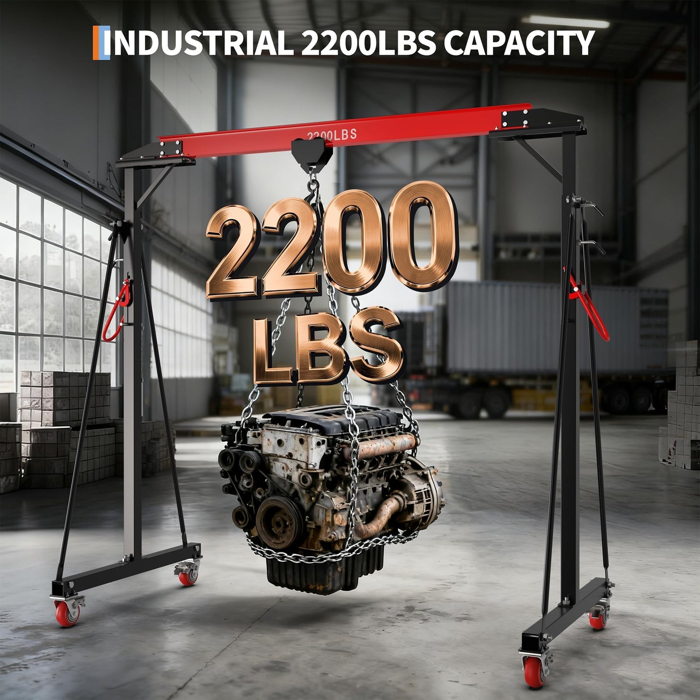 Adjustable Gantry Crane 1 Ton 2200 Lb, 12 Height Positions 97-141 in, Triangle Base a-Frame, Heavy Duty Steel i-Beam, Portable Lifting Crane for Warehouse, Shop, Construction