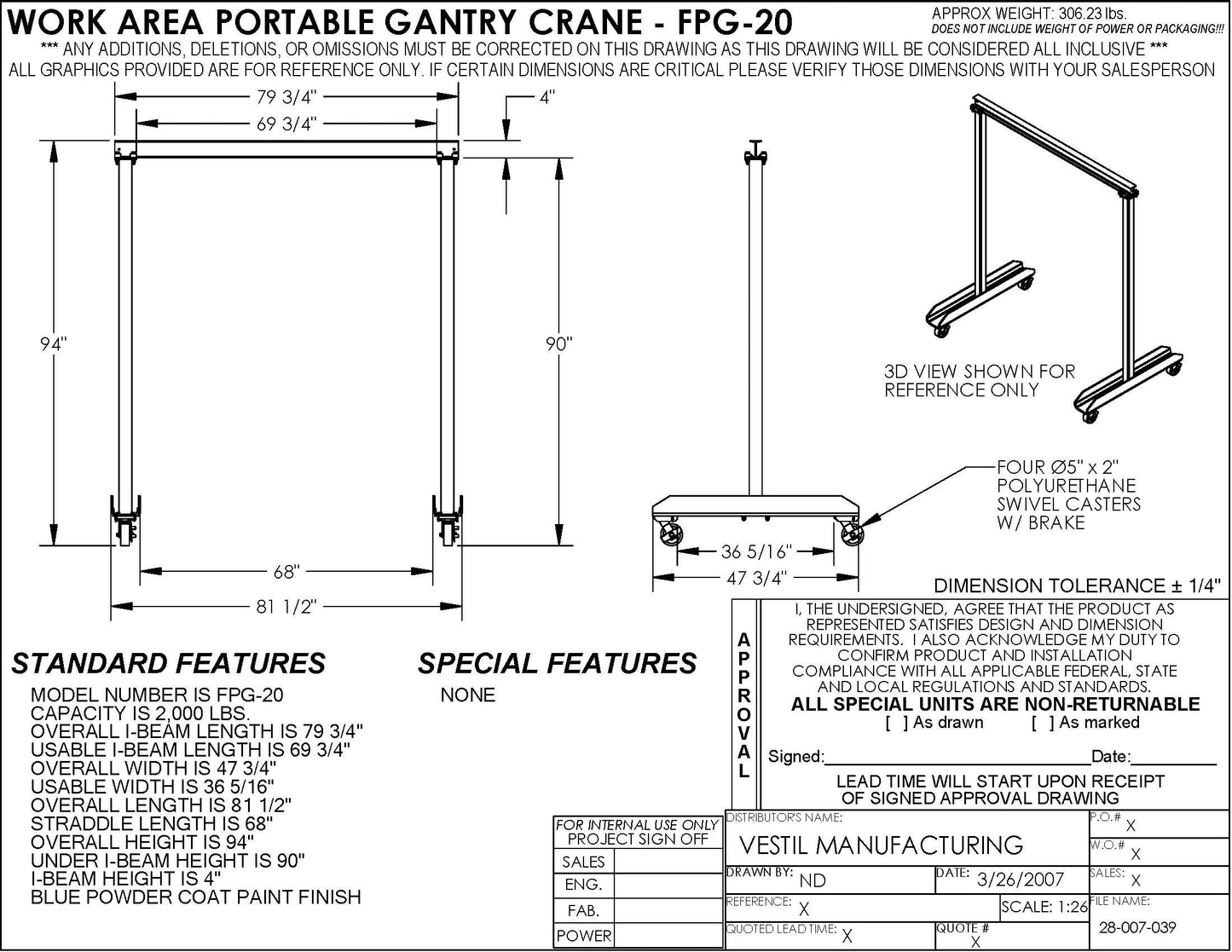 Vestil FPG-20 Steel Portable Work Area Gantry Crane 80-1/2 in. x 47-3/4 in. x 94 in. 2,000 Lb. Capacity Blue