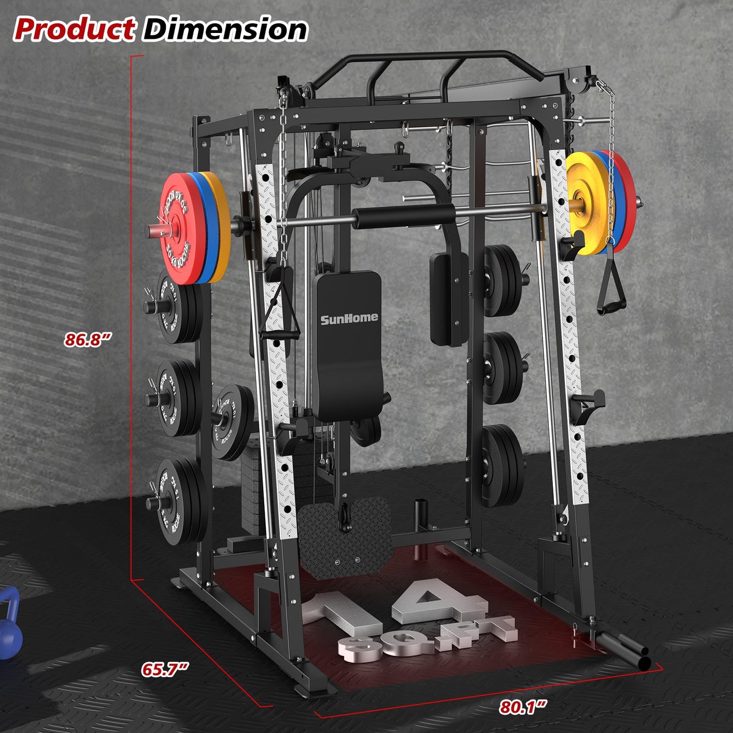 SunHome Smith Machine, Power Cage Squat Rack with Smith Bar, LAT Pull-Down Systems, Cable Crossover Machine and Cable Attachment for Home Gym (Pro Smith Machine with Bench and 230LBS Weight Plates)
