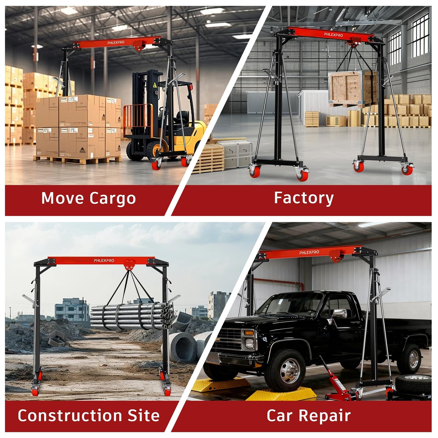 1 Ton Gantry Crane - MAX3000Lbs Portable Hoist Frame with Steel I-Beam Construction, Adjustable Height 8.57-12.50ft, Lifting Gantry for Factories, Garage, Auto Repair, Construction Site, Red