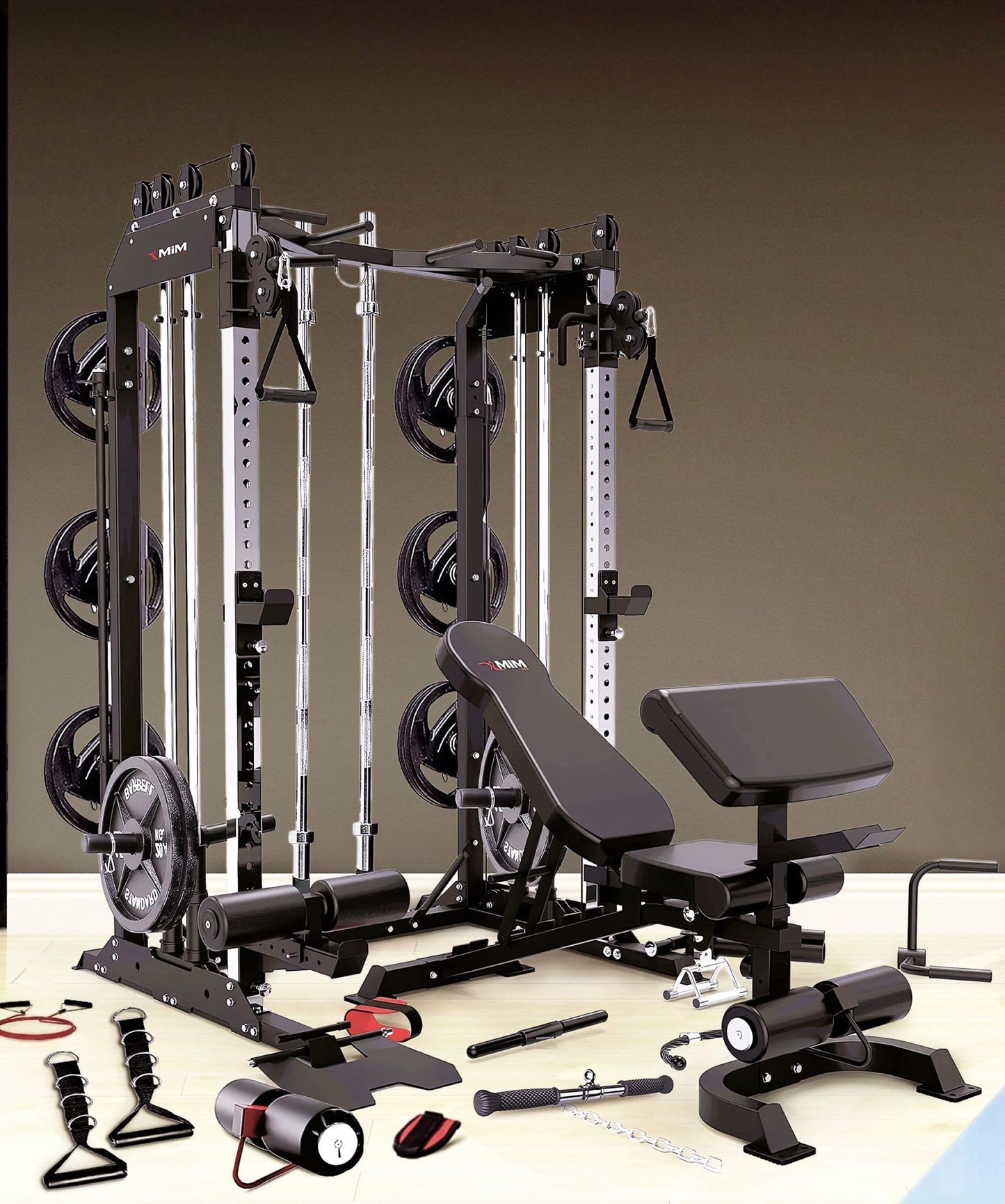 MiM USA Pro Master, All in One Home Gym, Smith Machine & Functional Trainer, 2000LB Capacity w/ Adjustable Bench, Arm Curl & Complete Attachment
