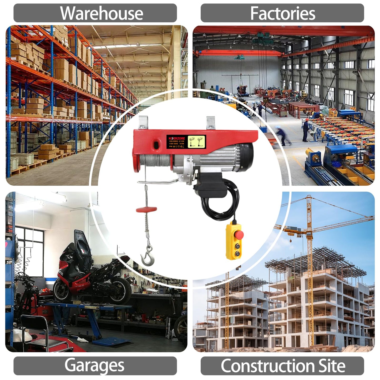 KOERZORE 440 Lbs Electric Hoist Winch with 14 ft Wired Control - 110V Electric Winch with 40ft Lift Height for Garage, Warehouse, ATV, Engine Hoisting, Furniture & Drywall Lifting