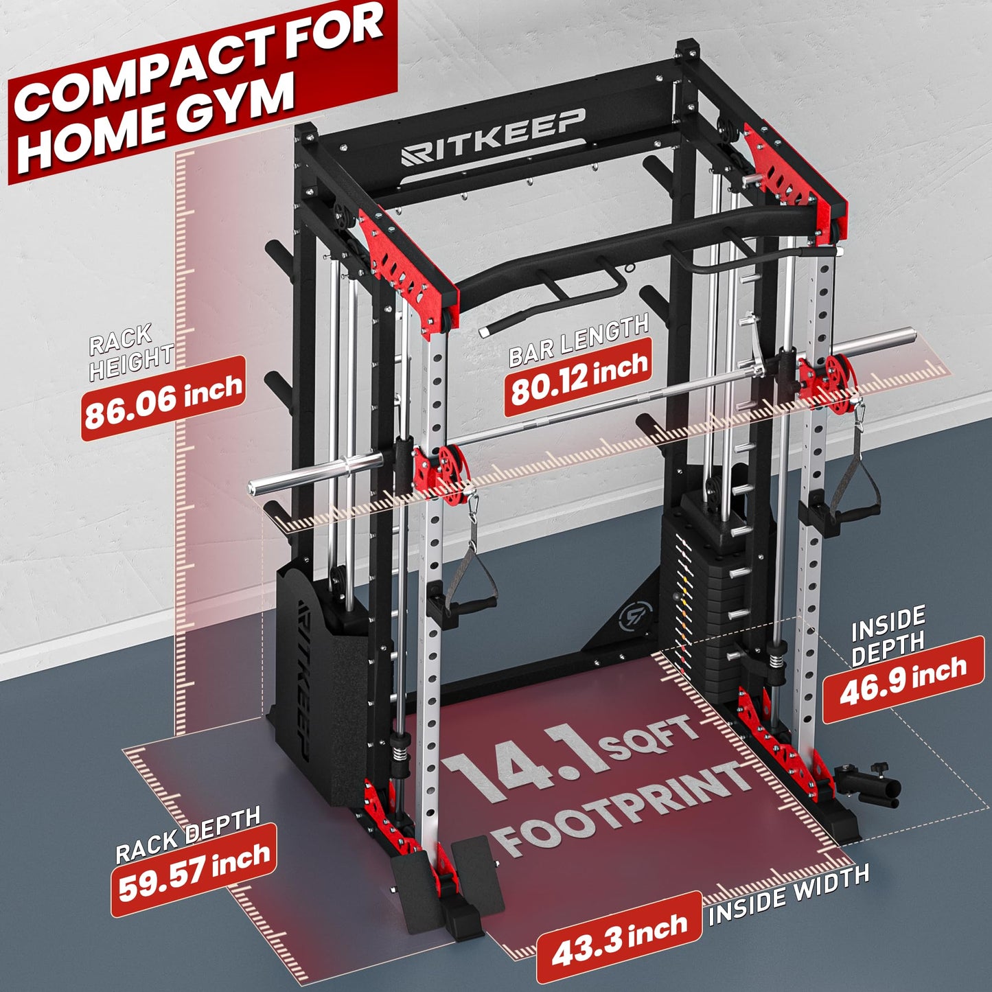 Home Gym Smith Machine with 400lb Weight Stacks – 6-in-1 Power Rack, Crossover, Pull-Up & Dip Station, Full Body Strength Training – RitKeep PMAX-5600 Pro (Black&Red(400LB)-2026 Version)