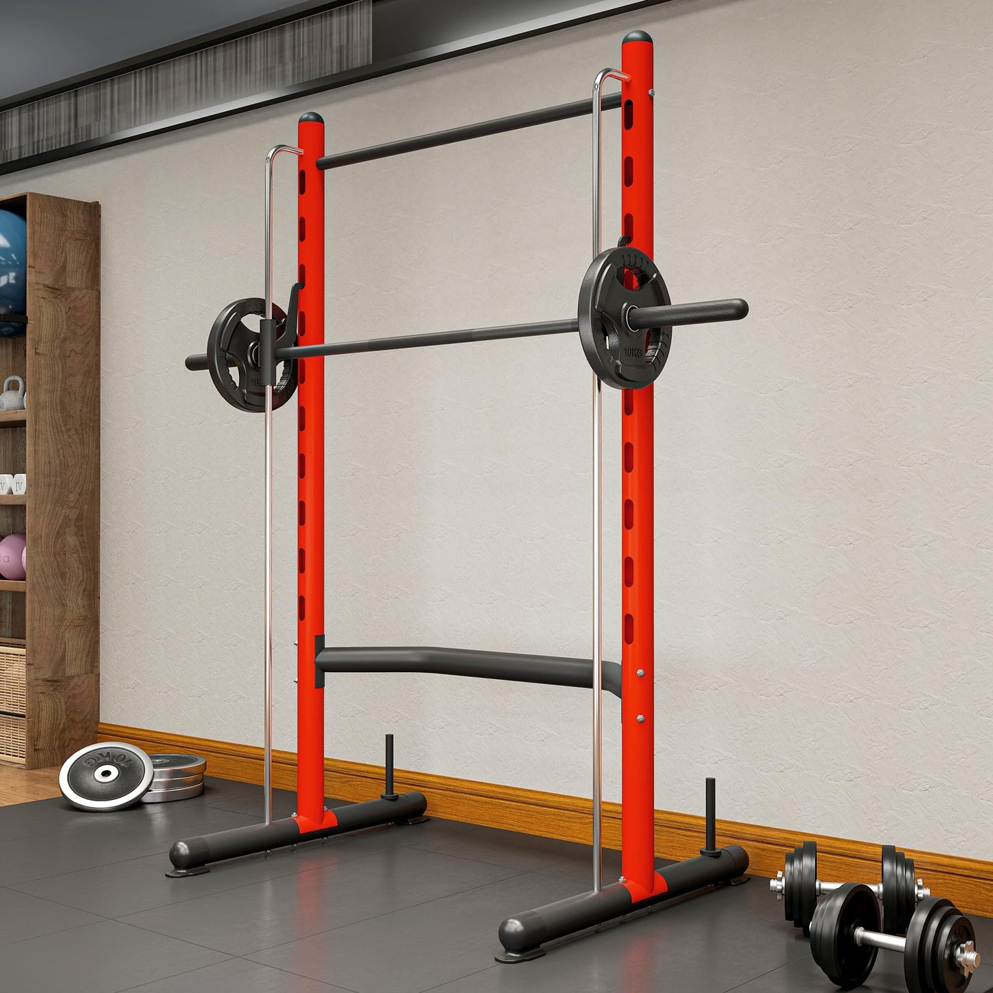 Soozier Squat Rack with Pull-Up Bar, Adjustable Power Rack with Barbell Bar, Multi-Functional Steel Bench Press Rack for Home Gym Strength Training, Black, Red