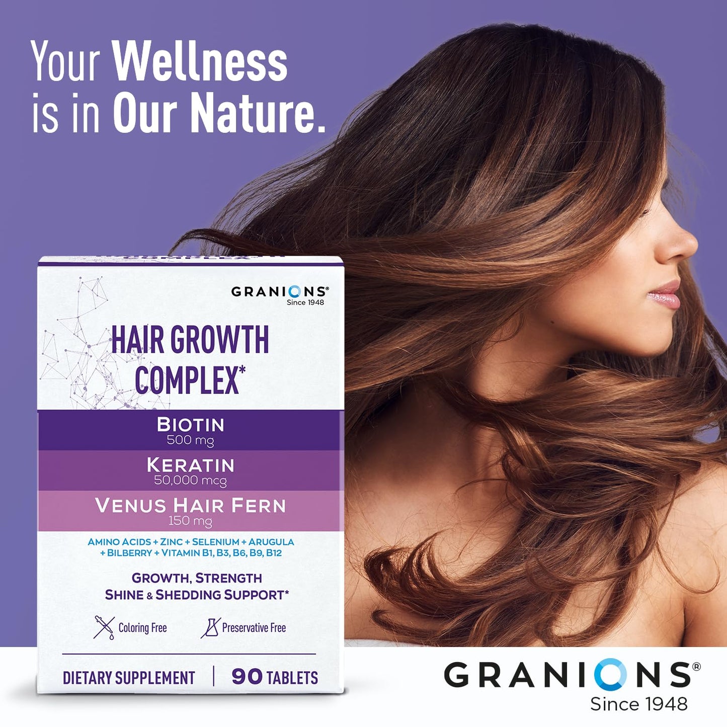 Granions Hair Growth Supplements - Biotin, Keratin & Amino Acids, Zinc & Selenium Pills for Women and Men - B-Vitamins Complex Hair Vitamins for Strength, Shine & Less Shedding - 90 Tablets