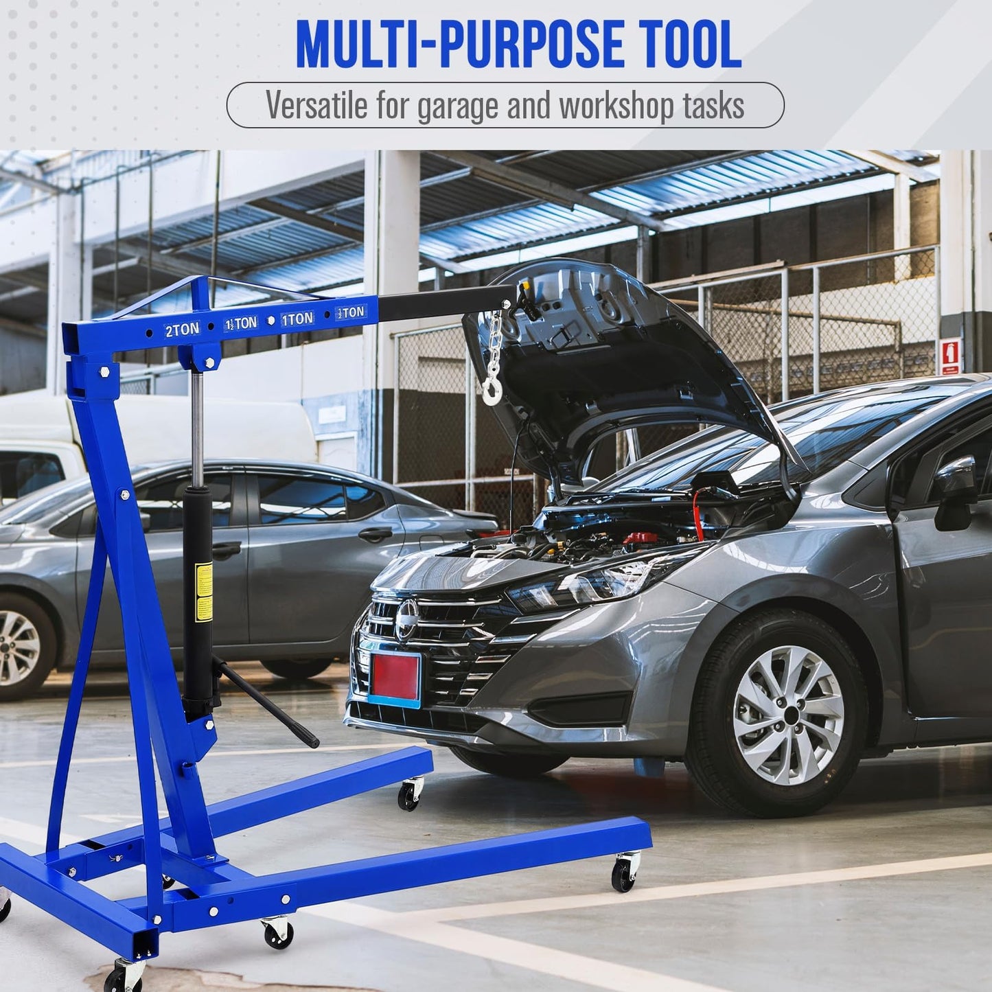 Hydraulic Engine Hoist, 2-Ton Folding Portable Shop Crane Lift, 4400 Lbs Capacity with Telescopic Boom and 6 Casters, Foldable Mobile Cherry Picker for Garage Workshop Warehouse, Blue, Heavy-Duty