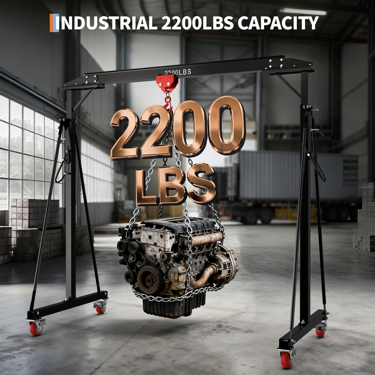 Adjustable Gantry Crane 1 Ton 2200 Lb, 12 Height Positions 97-141 in, Triangle Base a-Frame, Heavy Duty Steel i-Beam, Portable Lifting Crane for Warehouse, Shop, Construction
