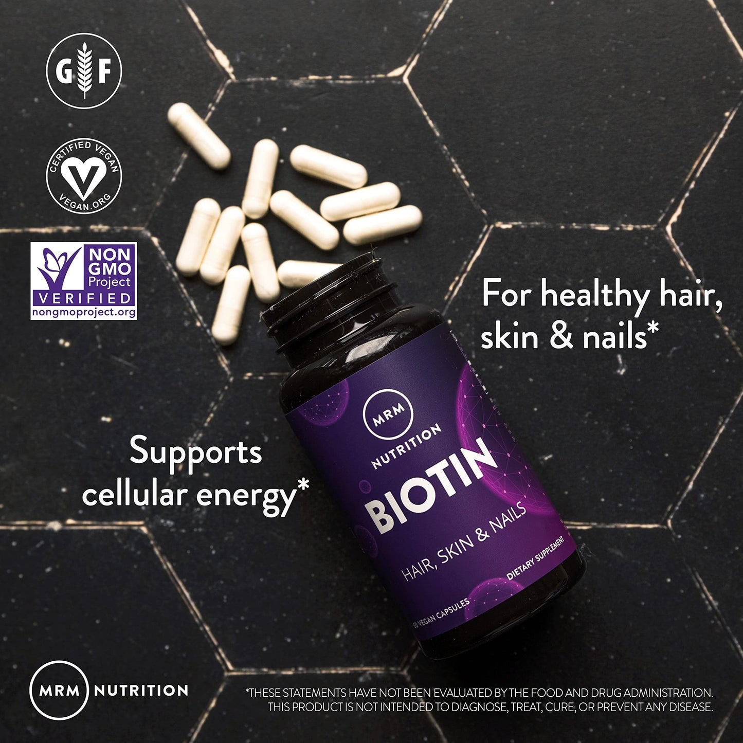 MRM Nutrition Biotin Capsules - For Womem & Men - 5000 mcg, Supports Hair Growth, Healthy Skin & Nails, Vegan B7 Supplement for Cellular Energy, Keratin Strength & Nutrient Metabolism - 60 Servings