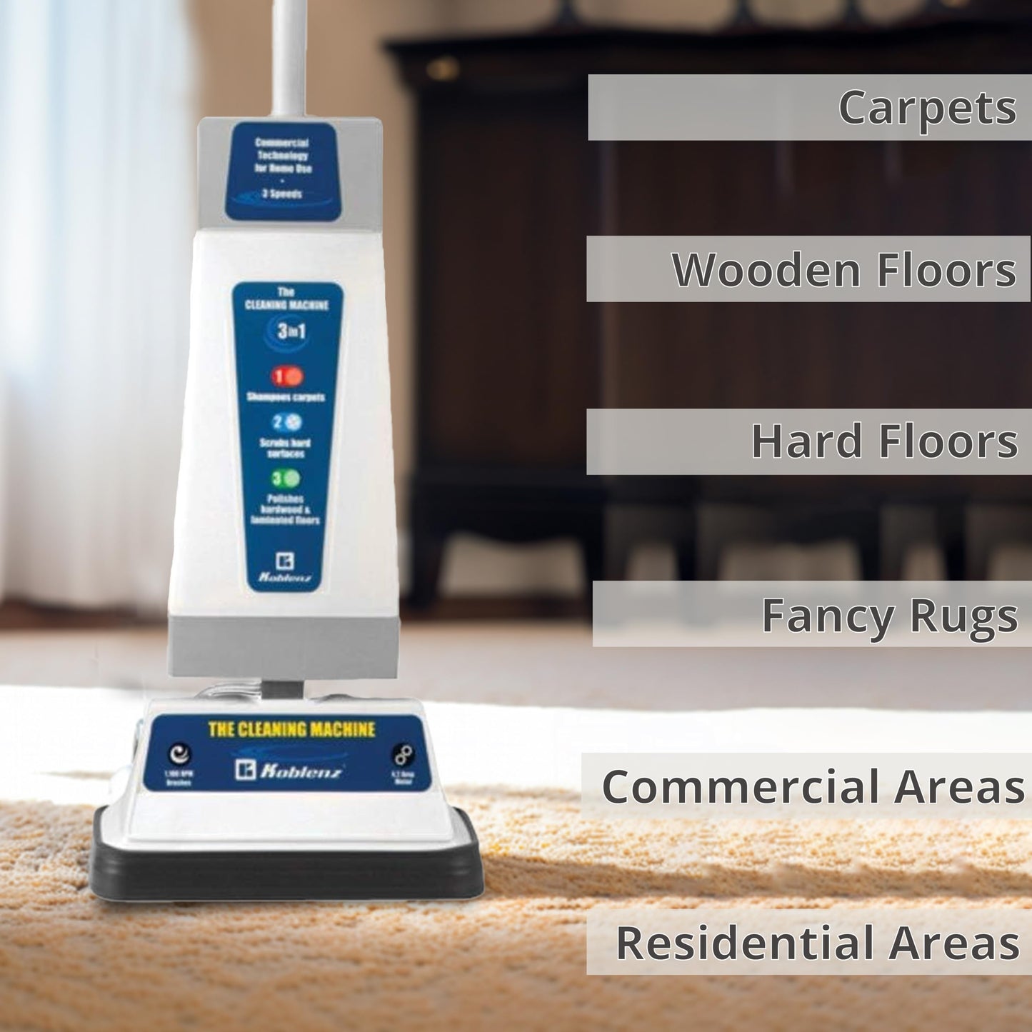 Koblenz P-820 BA Carpet Shampooer and Floor Polisher, Floor Scrubber Machine, 3-Speed, Scrubbing Brushes, Polishing Pads, Buffing Pads, Carpet Cleaner Machine, Includes Cleaners, Blue/Gray