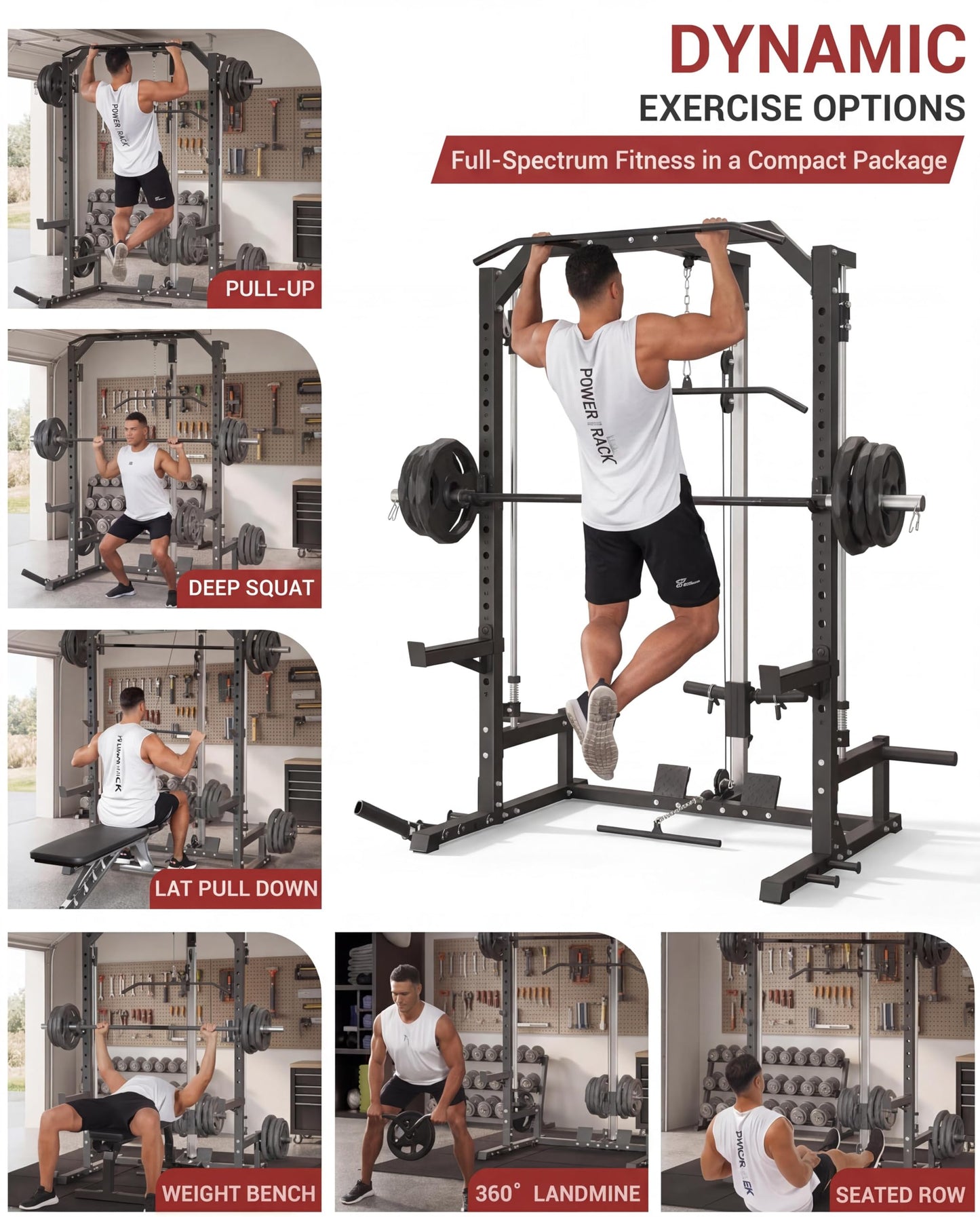 All in One Smith Machine Home Gym, Compact Functional Trainer with Cables & Bench, 1000LBS Capacity Smith Machine for Home, Adjustable Power Rack, Full-Body Strength Training Equipment, LAT Pulldown