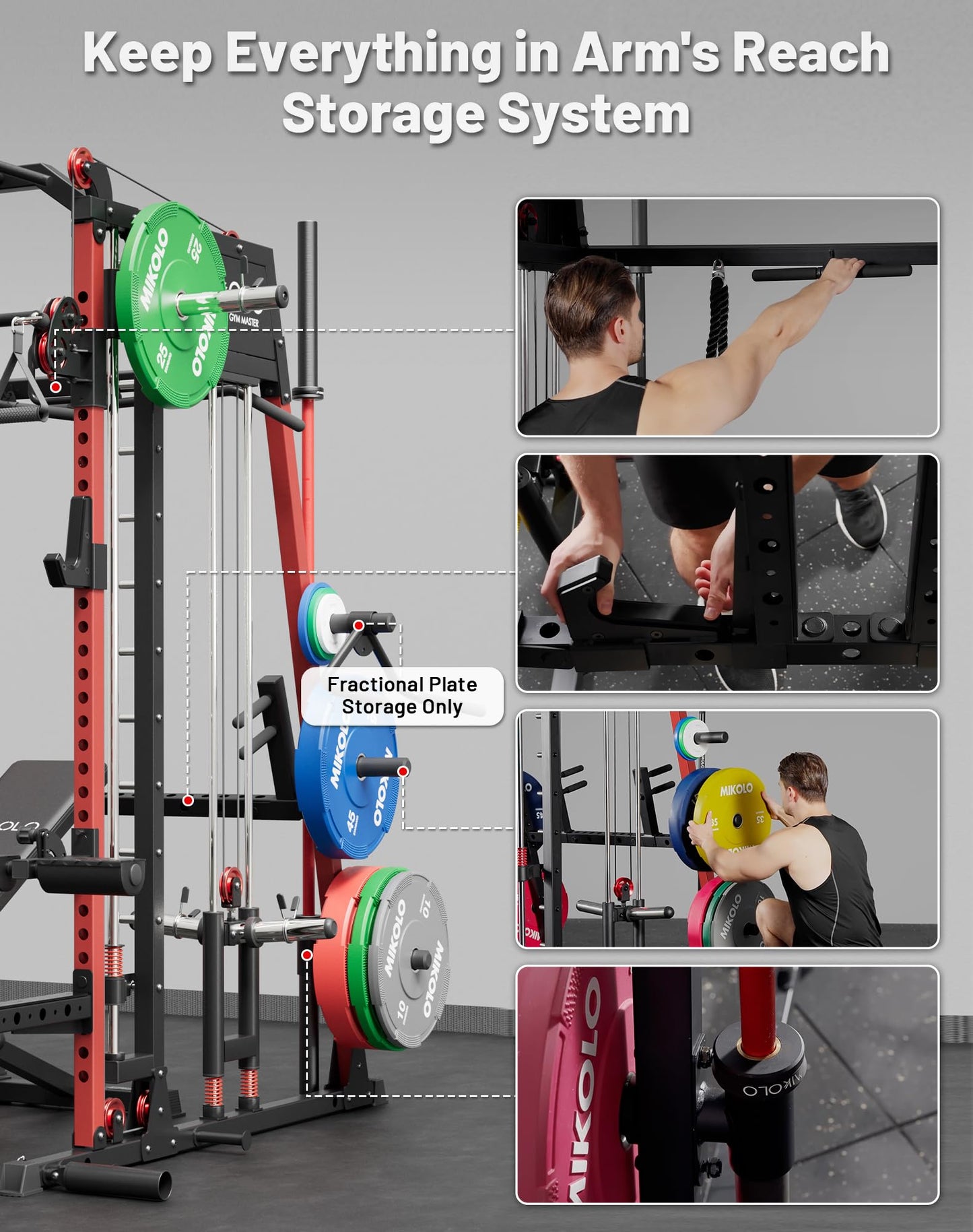 Mikolo M4 2.0 Elite Smith Machine with Weight Stack, All-in-One Home Gym Power Cage with LAT Pulldown & Cable Crossover, Squat Rack for Full Body Workouts (Red)