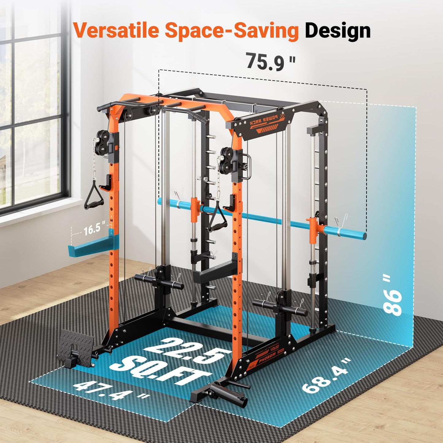 YOLEO Smith Machine with Independent Dual-Pulley System, 1700LBS Adjustable Cable Crossover Squat Rack, Multi-Functional Power Cage for Home Gym with More Workout Equipment LAT Pulldown Bar & Dip Bar
