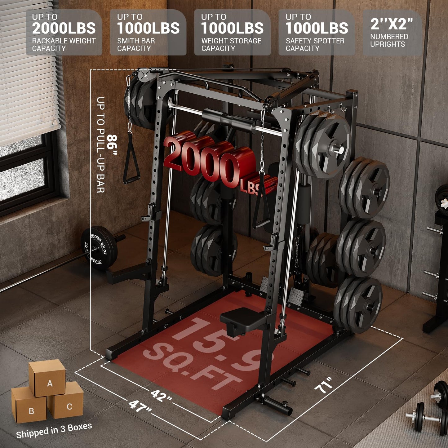 GarveeLife Smith Machine, 2000LBS Squat Rack for Home Gym, Multi-Function Power Cage Cable Crossover System Strength Training Equipment, LAT Pulldown Machines, 8 Weight Storage Pin, No Weight Plates