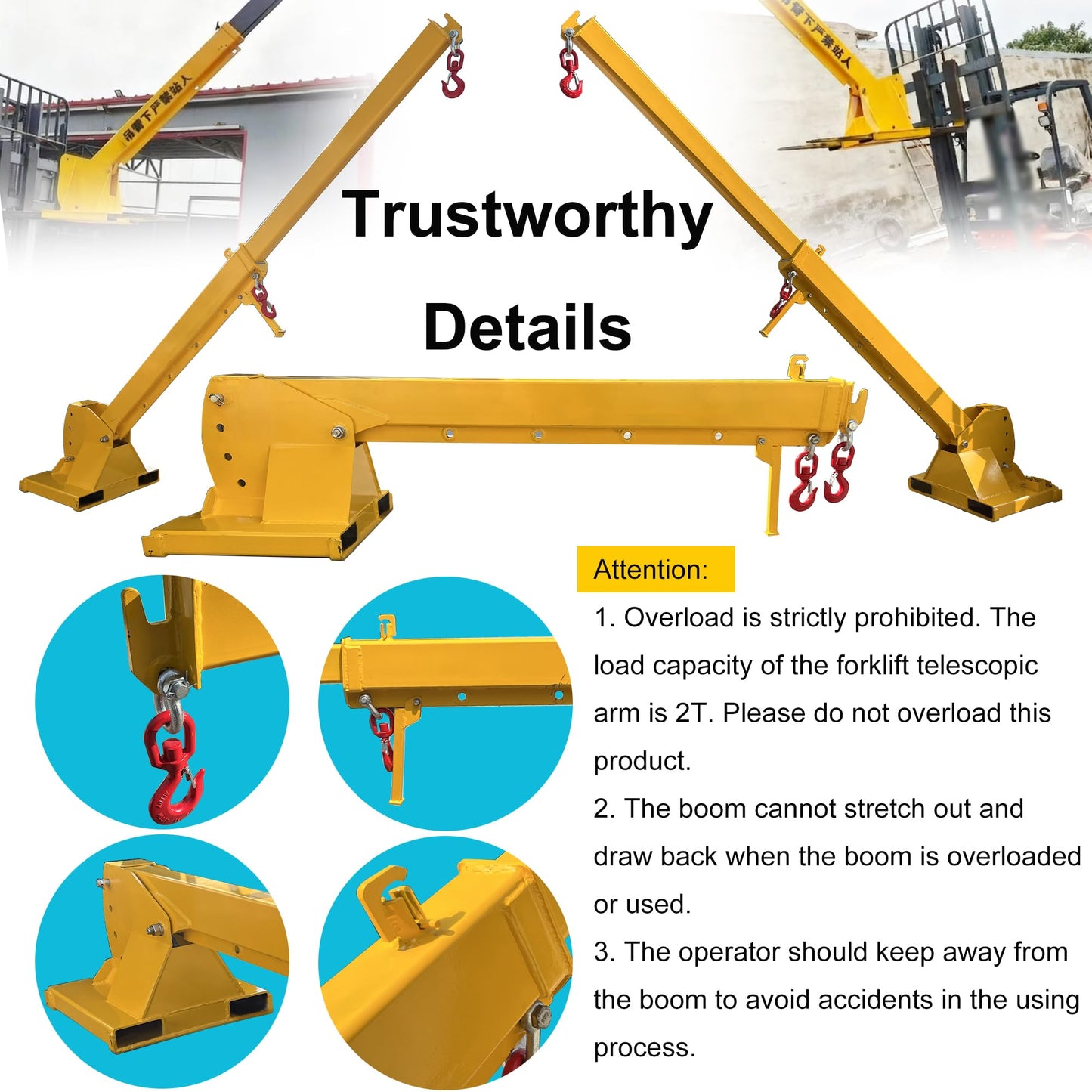 HayWHNKN 2T Forklift Telescopic Jib Boom Forklift Mobile Crane with 0-75° Adjustable Tilt Angle, 7-12ft Extension, 2 Hooks, Heavy-Duty Lifting Hoist Towing Handling for Warehouse Construction Factory