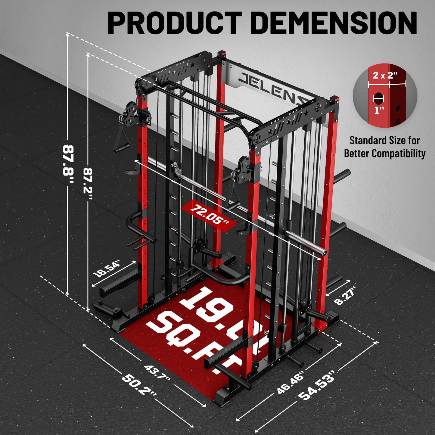 JELENS Smith Machine for Home Gym, Multi-Function M12 Power Cage with Cable Crossover System, Squat Rack with Smith Bar and More Attachment (Red, 370LB Black Weights Package)