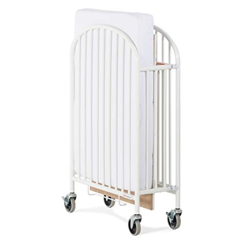 Foundations Pinnacle Folding Steel Crib, Portable Baby Crib with 2 Locking Oversized Casters, Heavy Duty Steel Hotel Crib, Includes 4 Inch Foam Mattress, White