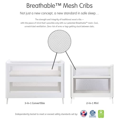 BreathableBaby Breathable Mesh 3-in-1 Convertible Crib (Toddler Bed Kit Sold Separately) — White — Two Adjustable Mattress Heights — Greenguard Gold Certified