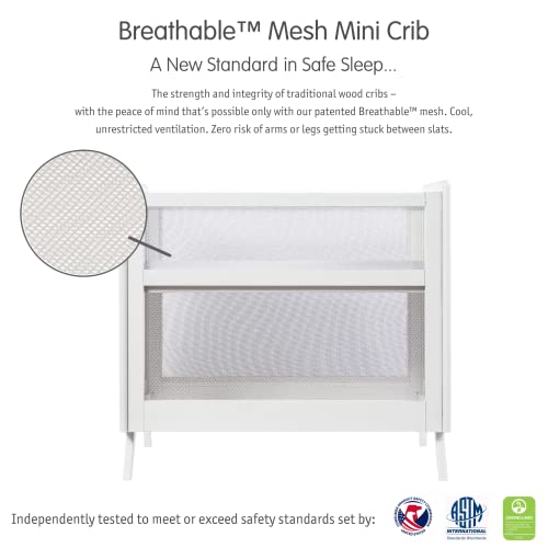 BreathableBaby Breathable Mesh 2-in-1 Mini Crib with Mattress — White — Two Adjustable Mattress Heights — Greenguard Gold Certified