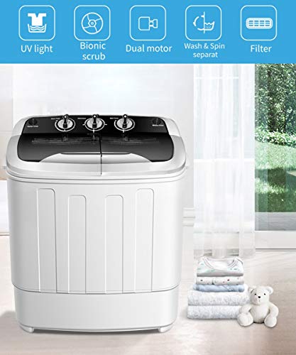 Clothes Washing Machines,SAFEPLUS Compact Mini Twin Tub Versatile Washing Machine with 8 lbs Washing &5 lbs Spin Dryer Load Cappacity Gravity Drain Pump and Drain Hose for Apartment (Black)