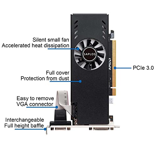 SAPLOS Radeon RX 550 Low Profile Graphics Card, 4GB, GDDR5, 128-bit, VGA DVI-D HDMI, Video Card for PC Gaming, 4K Display, Computer GPU, for Desktop SFF Small Form Factor, DirectX 12, Low Power