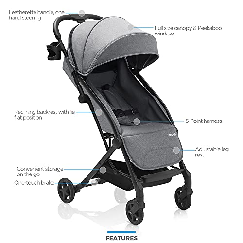 Mompush Lithe, Lightweight Stroller, Compact One-Hand Fold Luggage-Style Travel Stroller for Airplane Friendly, Reclining Seat and XL Canopy, with Rain Cover & Travel Carry Bag & Cup Holder