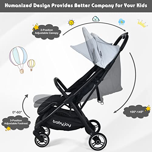 BABY JOY Lightweight Baby Stroller, Compact Travel Stroller for Airplane, Toddler Pushchair Infant Stroller w/Adjustable Backrest & Canopy, Storage Basket, Easy One-Hand Fold, Aluminium Frame (Gray)