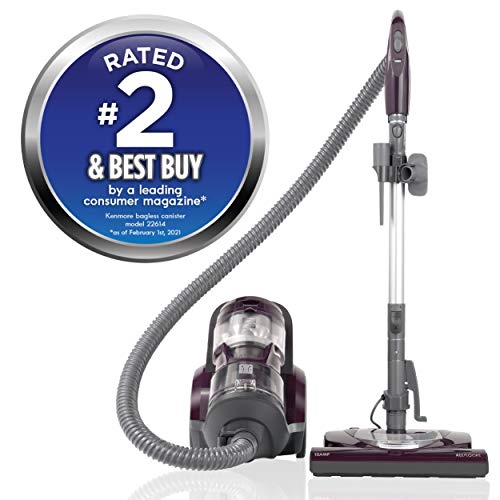 Kenmore Friendly Lightweight Bagless Compact Canister Vacuum with Pet Powermate, HEPA, Extended Telescoping Wand, Retractable Cord and 2 Cleaning Tools, Eggplant